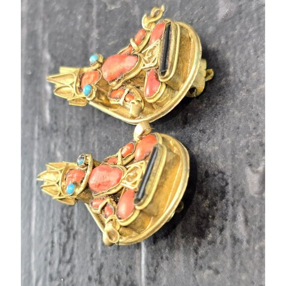 Vintage Gold-Toned Hindu Goddess Earrings Coral & Turquoise Stone Accents HS216 - Picture 3 of 5